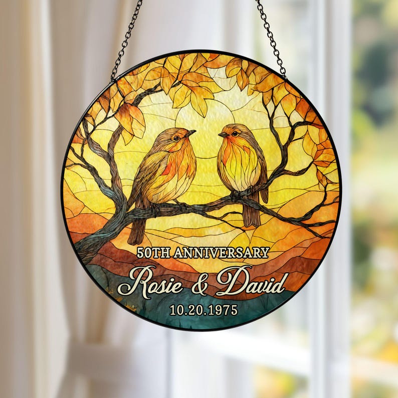 Personalized Wedding Anniversary Gift Lovebirds Glass Suncatcher, 50th Golden Anniversary Gift For Parents Window Hangings Couple Gift Decor