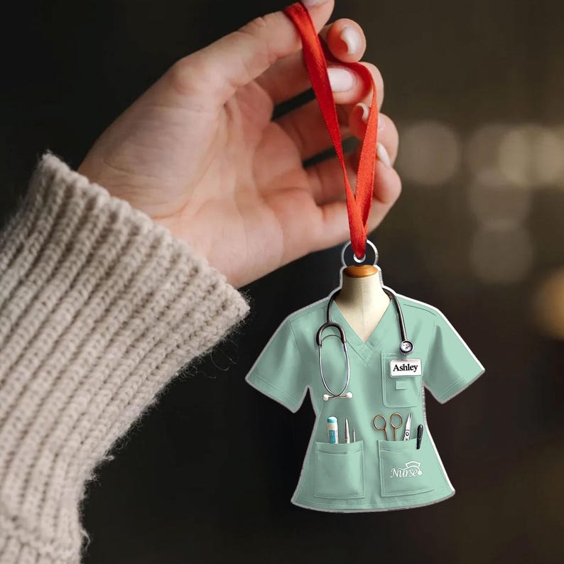 Personalized Nurse Scrubs 2D Flat Ornament, Custom Name Nurse Uniform Car Ornament, Nurse Gift For Nurse Flat Ornament, Stethoscope Nurse