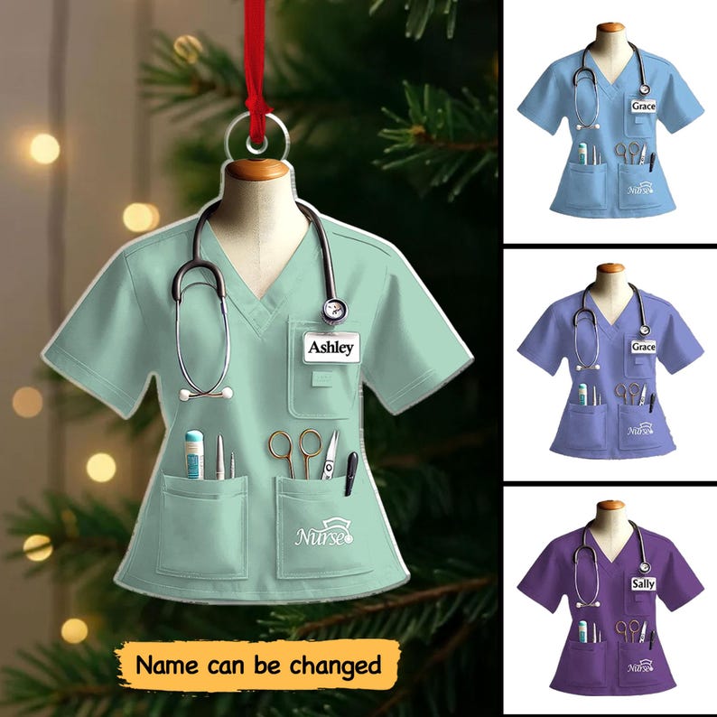 Personalized Nurse Scrubs 2D Flat Ornament, Custom Name Nurse Uniform Car Ornament, Nurse Gift For Nurse Flat Ornament, Stethoscope Nurse
