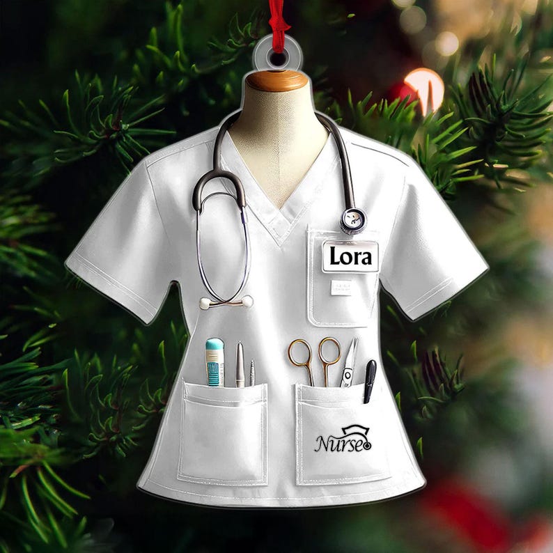 Personalized Nurse Scrubs 2D Flat Ornament, Custom Name Nurse Uniform Car Ornament, Nurse Gift For Nurse Flat Ornament, Stethoscope Nurse