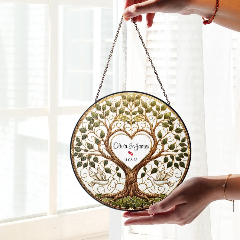 Wedding Tree Suncatcher Stained Glass Style, Personalized Wedding Gift for Bride & Groom