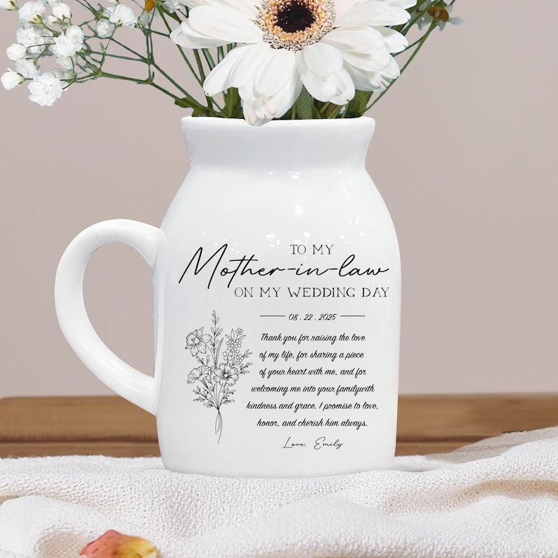 Custom Flower Vase For Mother Of The Bride & Groom, Mother of the Bride Ceramic Vase, Wedding Gift for Mom, Mom in Law Wedding Gift