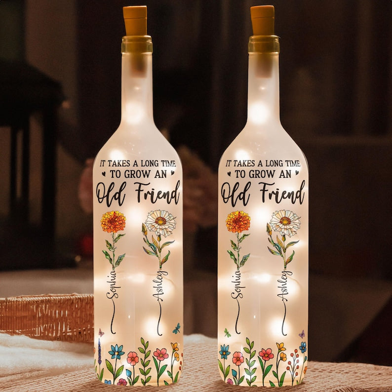 Long Time To Grow Old Friends, Personalized Bottle Lamp, Gift for Bestie, Soul Sister, Birthday Gift, Birth Month Flower Bottle Light