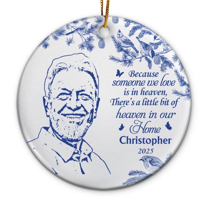 Custom Photo Pencil Drawing Toile De Jouy Memorial Although You Cannot See Me - Personalized Circle Ceramic Ornament, Christmas Decoration