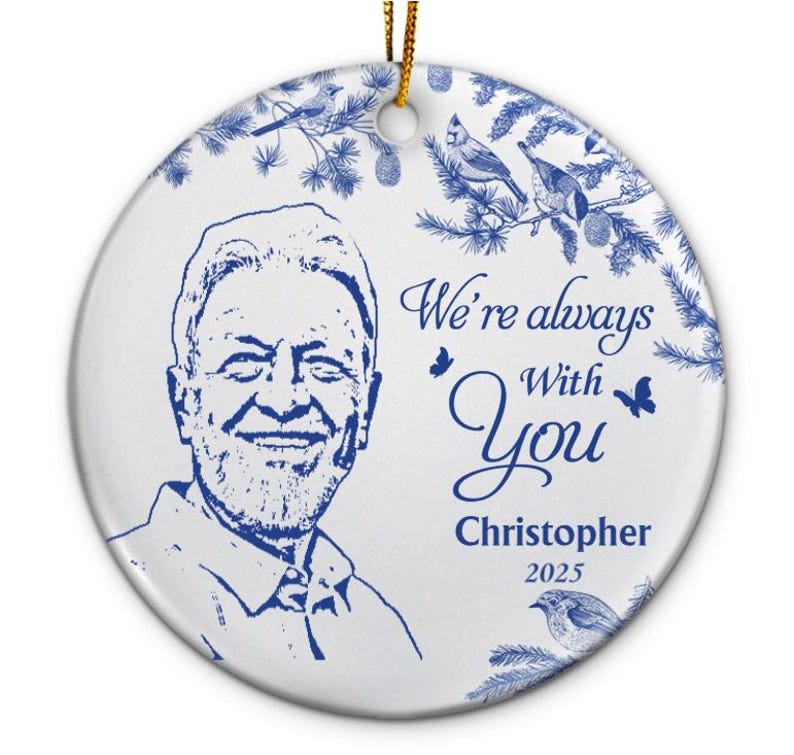 Custom Photo Pencil Drawing Toile De Jouy Memorial Although You Cannot See Me - Personalized Circle Ceramic Ornament, Christmas Decoration