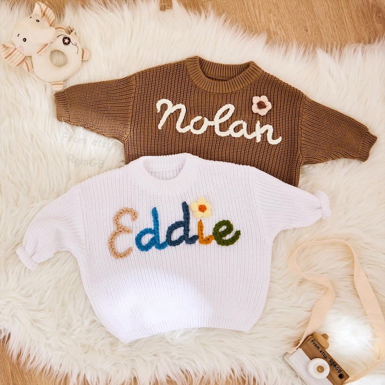 Personalized Baby Name Sweater - Custom Hand Embroidered Knit Jumper, Baby Girl Boy Clothes, First Birthday Gift, Baby Shower Present