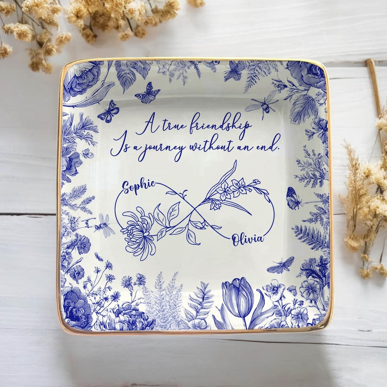 Custom Friendship Jewelry Dish, Personalized Names & Birth Flowers Tray, Best Friend Gift, Toile Floral Trinket Dish Keepsake, Besties Gift