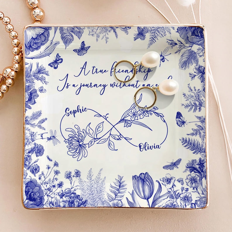 Custom Friendship Jewelry Dish, Personalized Names & Birth Flowers Tray, Best Friend Gift, Toile Floral Trinket Dish Keepsake, Besties Gift