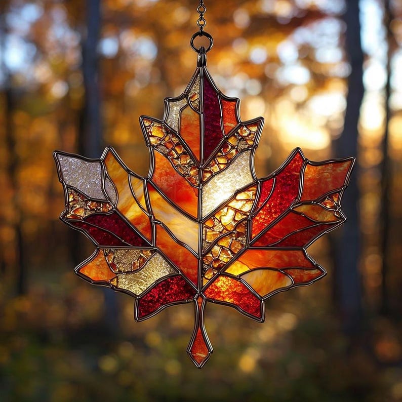 Autumn Maple Leaf Acrylic Suncatcher Faux Stained Glass Fall Leaf Window Hanging, Thanksgiving Home Decor, Garden Gift for Nature Lovers