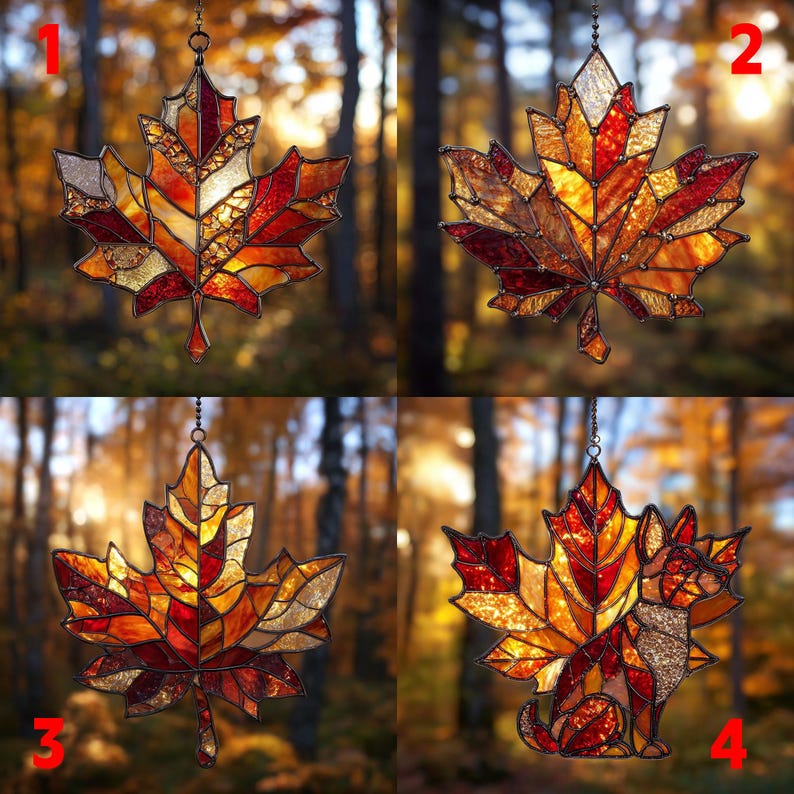 Autumn Maple Leaf Acrylic Suncatcher Faux Stained Glass Fall Leaf Window Hanging, Thanksgiving Home Decor, Garden Gift for Nature Lovers