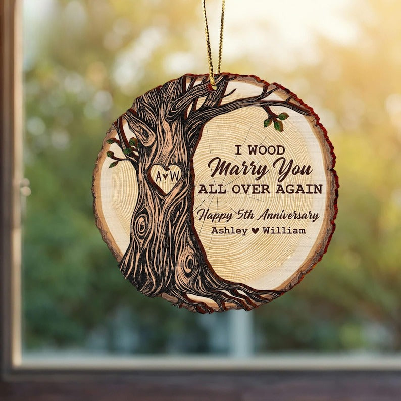 Custom Wood Anniversary Wedding Ornament, 5th Anniversary Christmas Ornament, 5th Year Anniversary Gifts, 5th Year Wood Anniversary Ornament