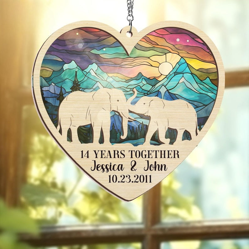 Personalized 14th Wedding Anniversary Suncatcher Ornament, 14th Anniversary Gift, 14 Years Anniversary, Ivory Anniversary, Wedding Elephant