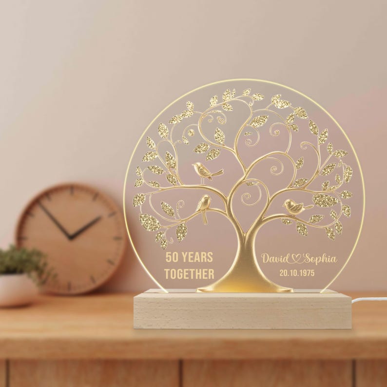 Personalized 50th Anniversary Night Light, Golden Wedding Gift for Couple, Custom LED Keepsake for Husband & Wife, 50 Years Together Decor