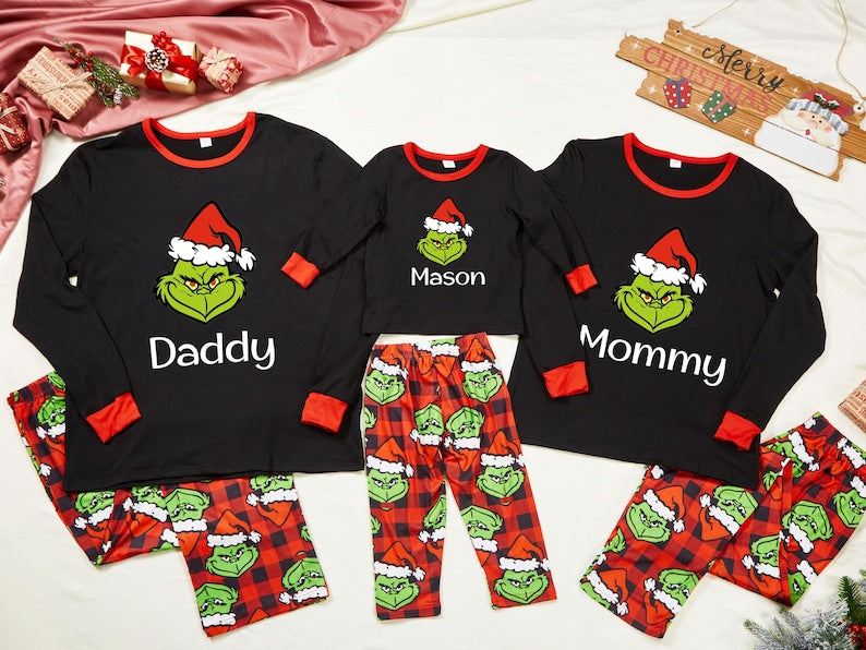 Family Matching Grinch Family Pajamas Personalized Christmas Family Pajamas w/Name, Monogram Christmas Gifts, Xmas Eve Family Matching Pjs