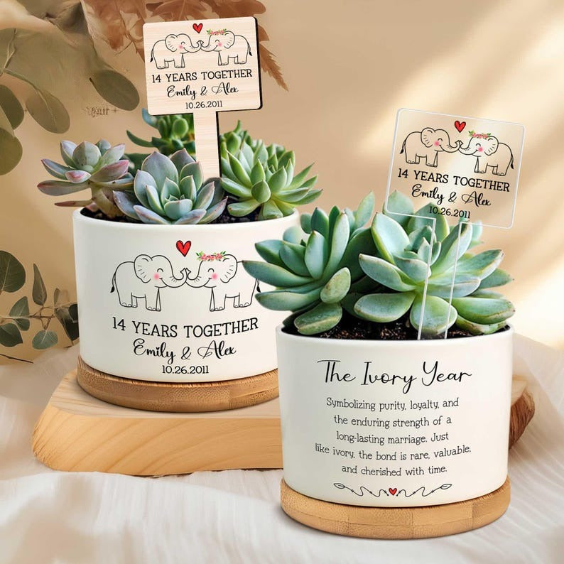 14th Ivory Wedding Anniversary Plant Pot, 14 Years Anniversary, 14th Wedding Anniversary Gifts, Couples Gift, Elephants Pot, Gift for Wife