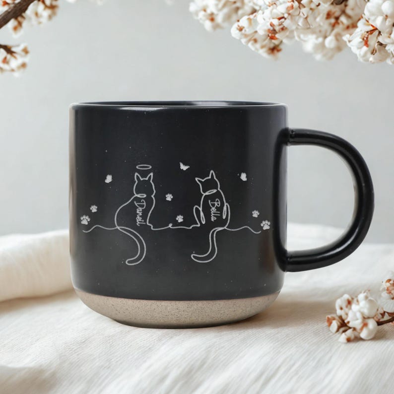 Personalised Cat Pottery Mug, Cat Memorial Gift, Cat Lovers Gift Cute Dog Cat Line Art Gift for Pet Mom/Pet Dad, Custom Cat's Name Mug