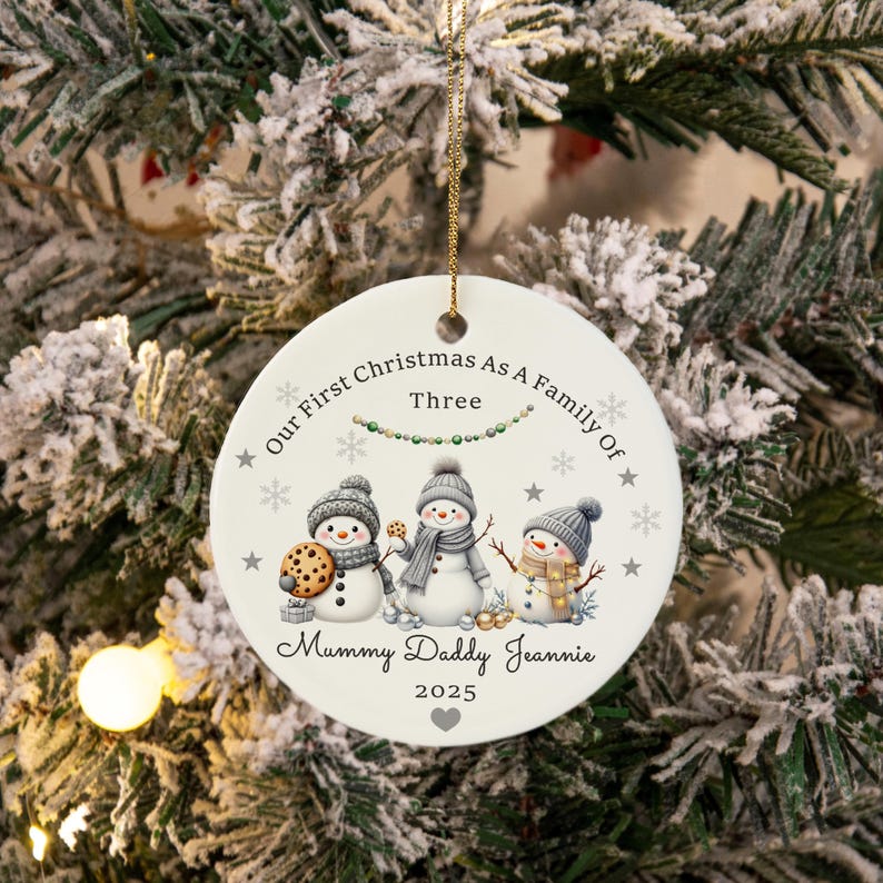 Personalised First Christmas as A Family of Three, Cute Snowman Family Christmas Bauble, New Baby Christmas Ornament, Family First Xmas Gift