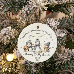 Personalised First Christmas as A Family of Three, Cute Snowman Family Christmas Bauble, New Baby Christmas Ornament, Family First Xmas Gift