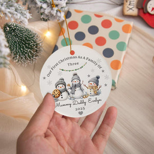 Personalised First Christmas as A Family of Three, Cute Snowman Family Christmas Bauble, New Baby Christmas Ornament, Family First Xmas Gift