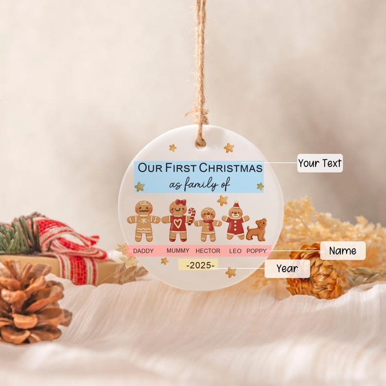 Gingerbread Family Christmas Ornament, Personalised Christmas Tree Bauble, Family First Christmas Keepsake with Pet, First Xmas as Family Of