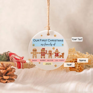 Gingerbread Family Christmas Ornament, Personalised Christmas Tree Bauble, Family First Christmas Keepsake with Pet, First Xmas as Family Of