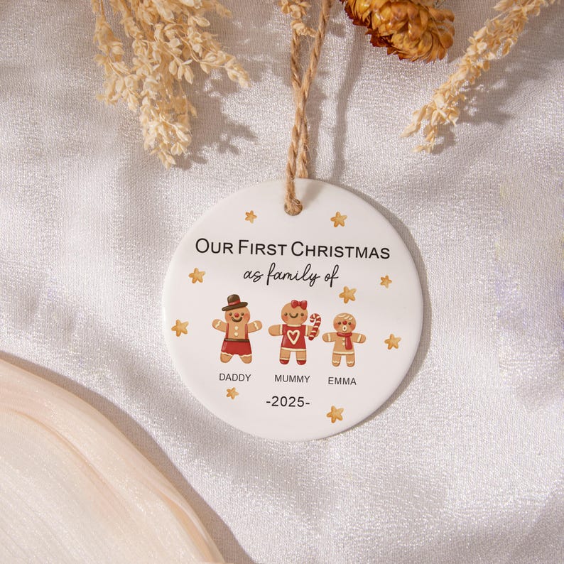 Gingerbread Family Christmas Ornament, Personalised Christmas Tree Bauble, Family First Christmas Keepsake with Pet, First Xmas as Family Of