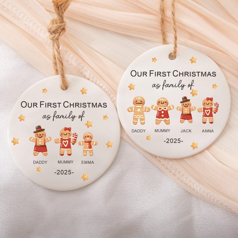 Gingerbread Family Christmas Ornament, Personalised Christmas Tree Bauble, Family First Christmas Keepsake with Pet, First Xmas as Family Of