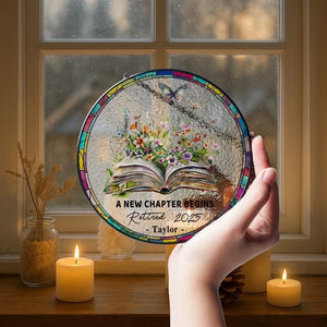 Personalized Retirement Suncatcher, Floral Book A New Chapter Begins Retired Gift Stained Glass, Teacher Retirement Gifts, End of Year Gift