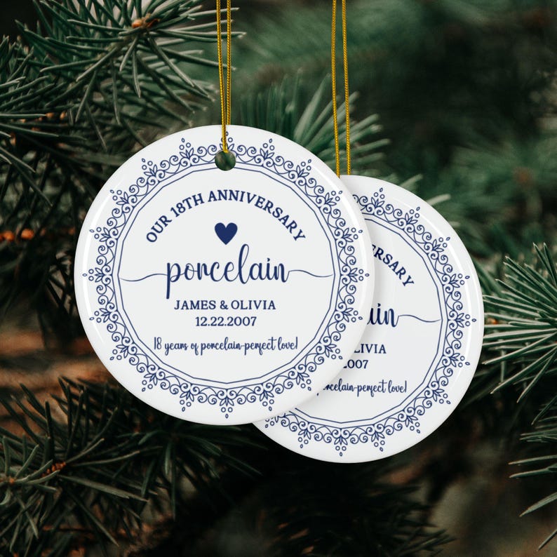 Personalized 18th Anniversary Printed Ceramic Ornament, Custom 18th Anniversary Gift, Porcelain Wedding Anniversary, Gift for Husband Wife