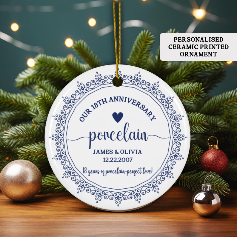 Personalized 18th Anniversary Printed Ceramic Ornament, Custom 18th Anniversary Gift, Porcelain Wedding Anniversary, Gift for Husband Wife