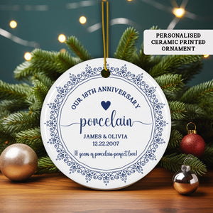 Personalized 18th Anniversary Printed Ceramic Ornament, Custom 18th Anniversary Gift, Porcelain Wedding Anniversary, Gift for Husband Wife