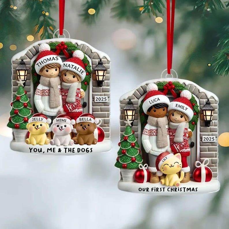 Personalized Farmhouse Couple Christmas Ornament with Optional Pet Dog Cat, Christmas Gift for Him, Gift for Her, Christmas 2D Flat Ornament