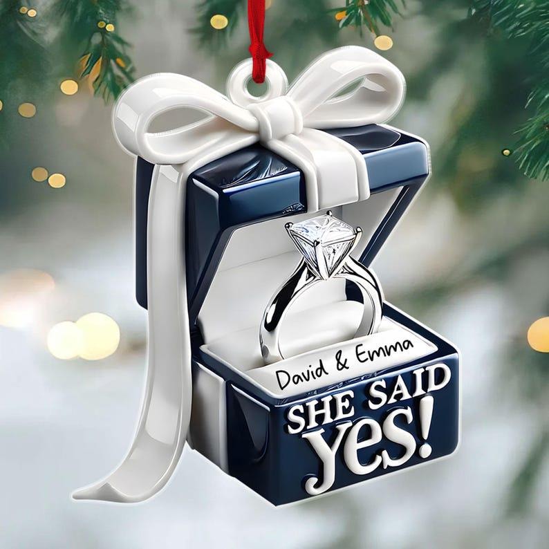 Personalized Blue Engagement Ring Box Personalized 2D Flat Acrylic Ornament, Anniversary Gift for Couple