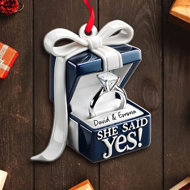 Personalized Blue Engagement Ring Box Personalized 2D Flat Acrylic Ornament, Anniversary Gift for Couple