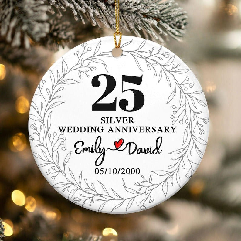 Custom Silver 25th Anniversary Gifts, 25th Wedding Anniversary Ceramic Ornament,25 Years Anniversary Gift for Parents, Gift for Husband Wife