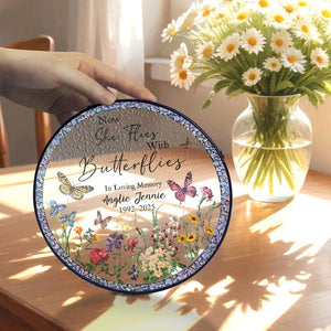 Now She Flies With Butterflies Memorial Stained Glass Suncatcher, Mom Memorial Suncatcher,Loss of Mom Sympathy Gift Loss of a Loved One Gift