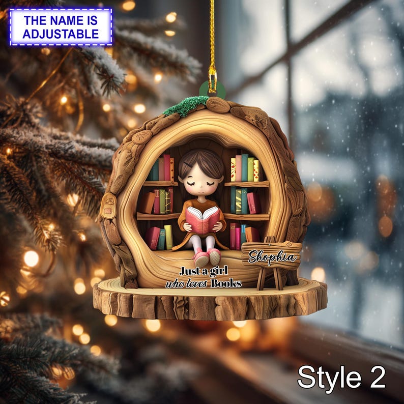 Booklover Acrylic Ornament with Wooden Sign Glossy 2D Acrylic Effect Girl Reading in Tree Hollow, Custom Name Personalized Christmas Gift