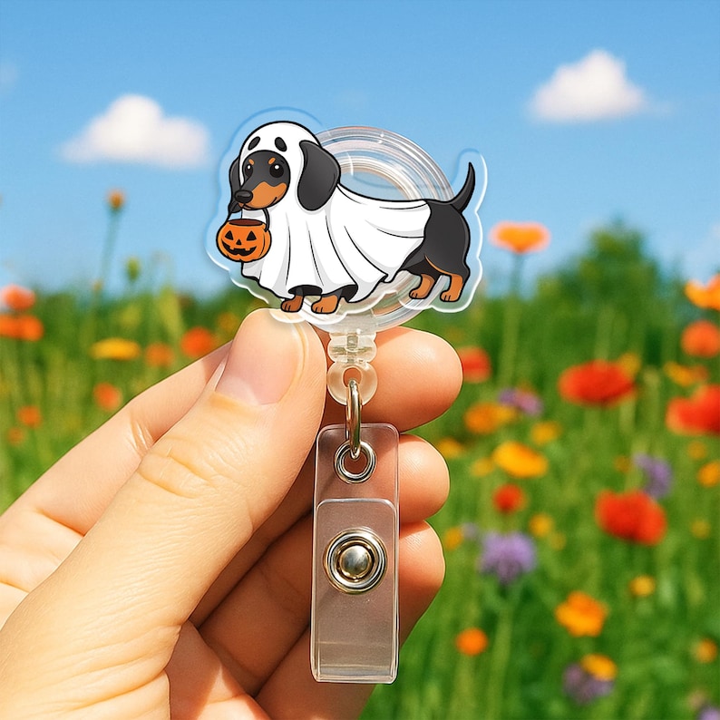 Personalized Halloween Dachshund Ghost Badge Reel: Retractable Acrylic ID Holder