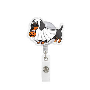 Personalized Halloween Dachshund Ghost Badge Reel: Retractable Acrylic ID Holder