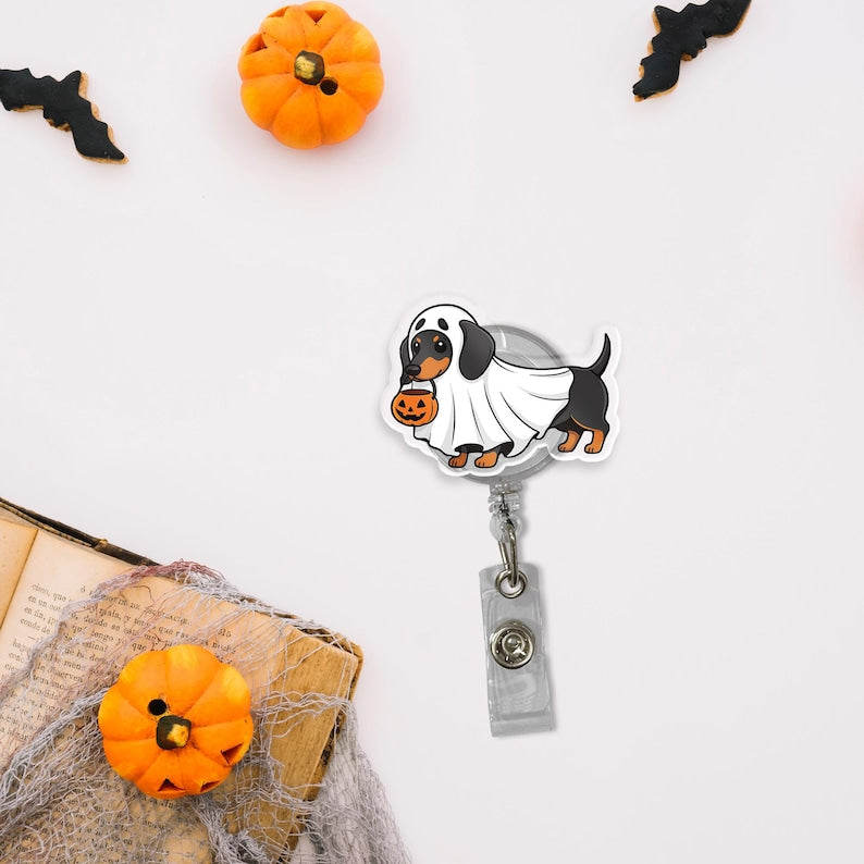 Personalized Halloween Dachshund Ghost Badge Reel: Retractable Acrylic ID Holder