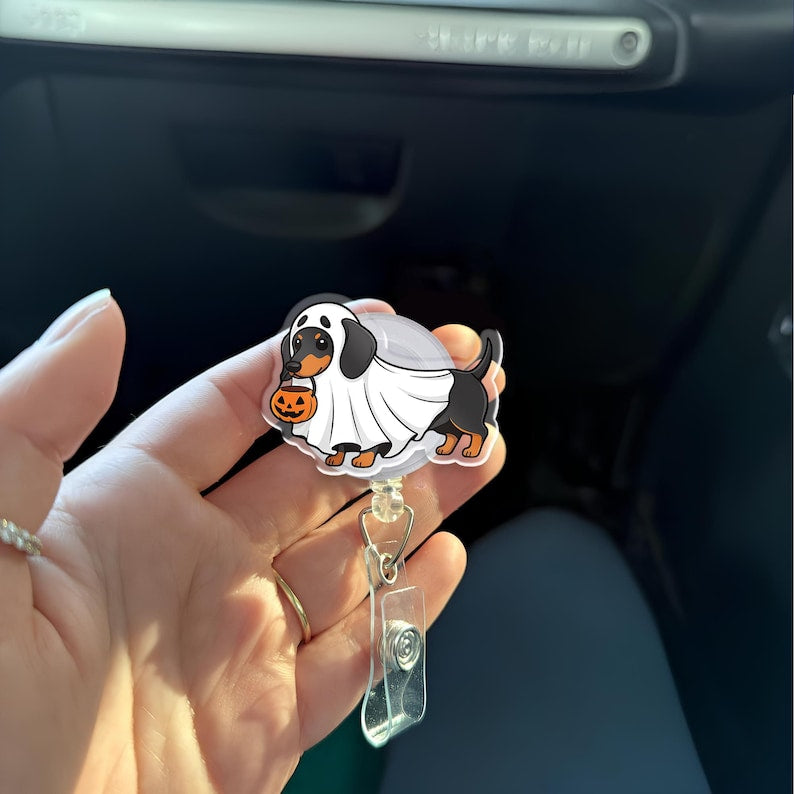 Personalized Halloween Dachshund Ghost Badge Reel: Retractable Acrylic ID Holder