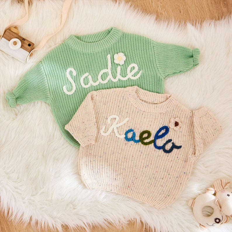 Personalized Baby Name Sweater - Custom Hand Embroidered Knit Jumper, Baby Girl Boy Clothes, First Birthday Gift, Baby Shower Present