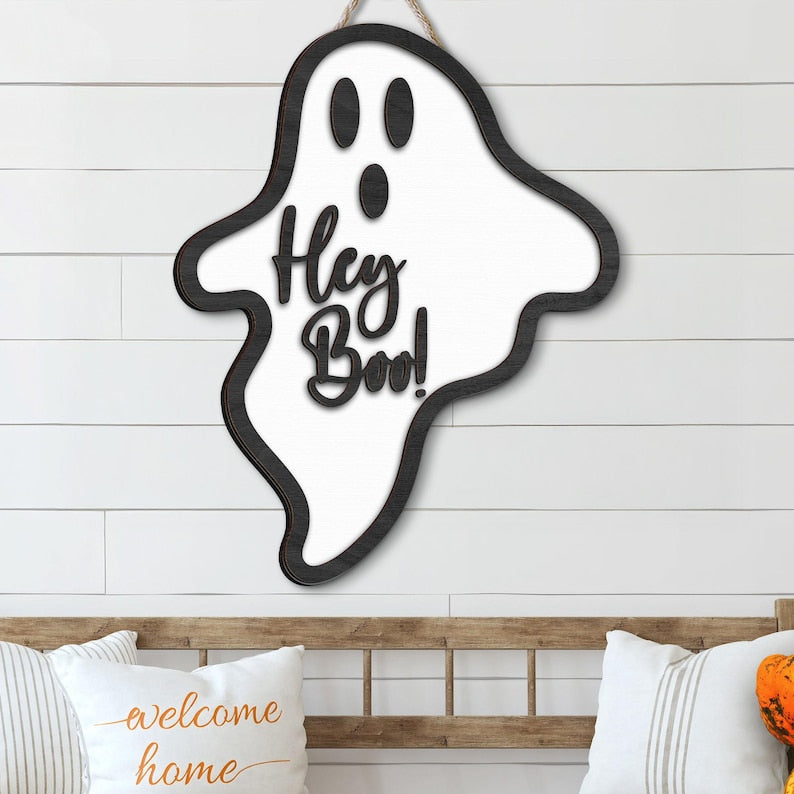 3D Wooden Ghost Door Hanger: 'Hey Boo' Halloween Sign