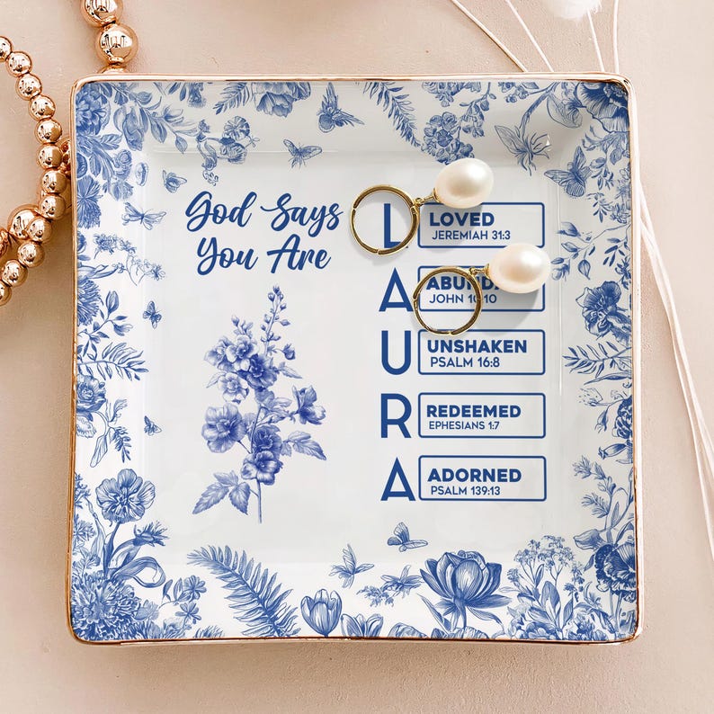 Personalized Christian Name Jewelry Dish With Bible Verses, Custom Scripture Gift for Women, God Says I Am Toile De Jouy, Religious Gift