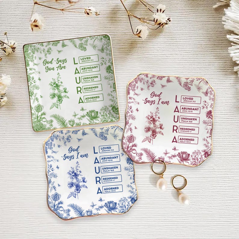 Personalized Christian Name Jewelry Dish With Bible Verses, Custom Scripture Gift for Women, God Says I Am Toile De Jouy, Religious Gift