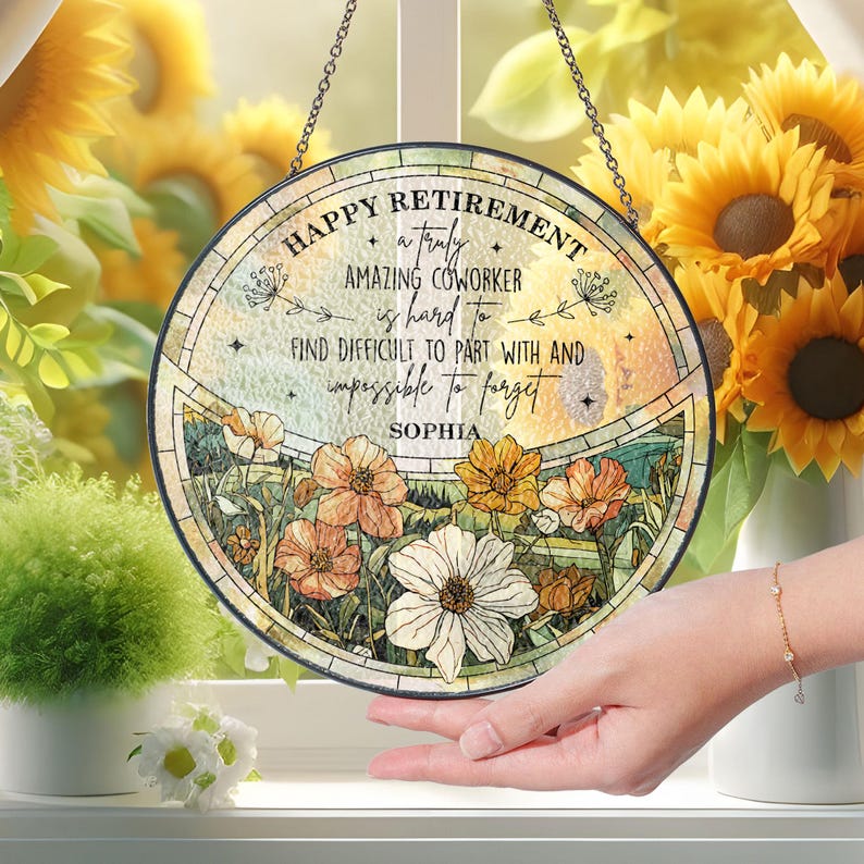 Personalized Retirement Stained Glass Suncatcher Gift For Women, Retirement Keepsake Gift, Custom Retirement Window Hangings