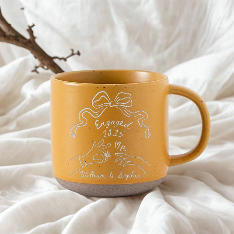 Personalised Engraved Engagement Pottery Mug, Engaged Ceramic Mug, Wedding Gift for Couple,Engagement Gift For Her,Anniversary Gift for Wife