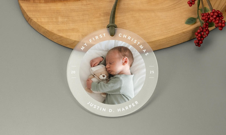 Personalized First Christmas Ornament for Baby, Newlyweds, Pets, Home, Custom Photo Ornament