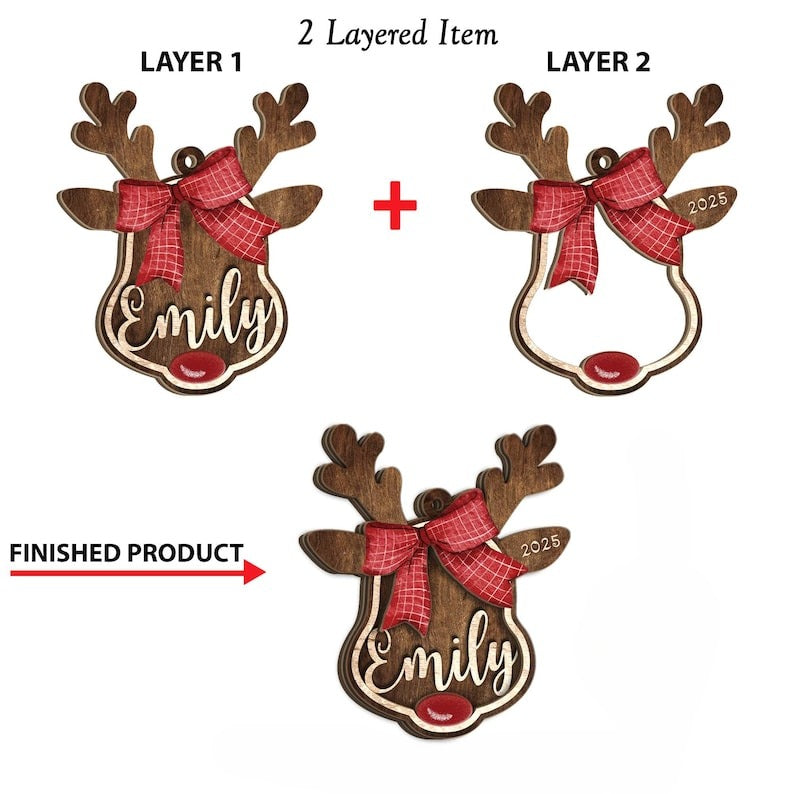 Personalized Reindeer Santa Ornament, Rudolph Ornament, Custom Name Ornament, Kids Christmas Gift, Family Ornament, Christmas Decoration