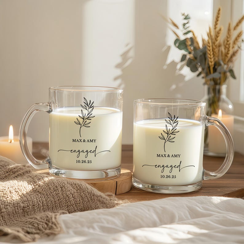 Personalised Engagement Glass Mug, Custom Wedding Mugs, Engagement Gifts, Wedding Gifts for Couple, Bridal Shower Gifts